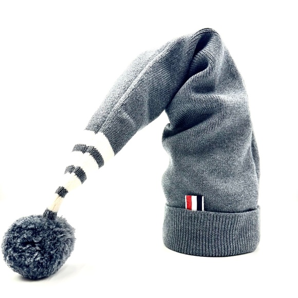 THOM BROWNE Grey Striped Stocking Beanie with Pouf Ball - Picture 2 of 10